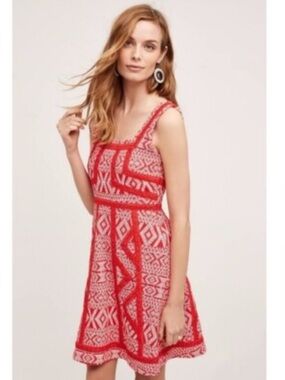 Anthropologie Red and White Sleeveless Patterned Mini Dress